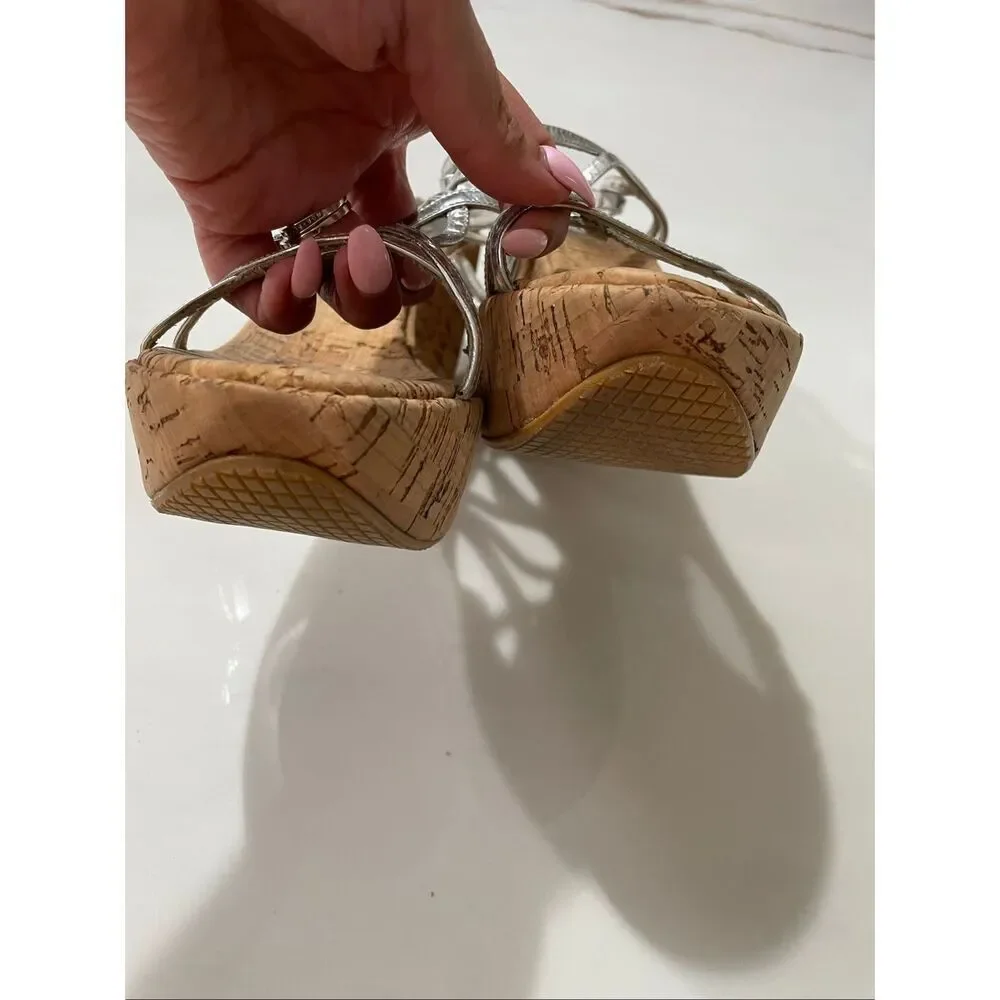 Stuart Weitzman Leather T Silver Strap Wedge Sandals size 10